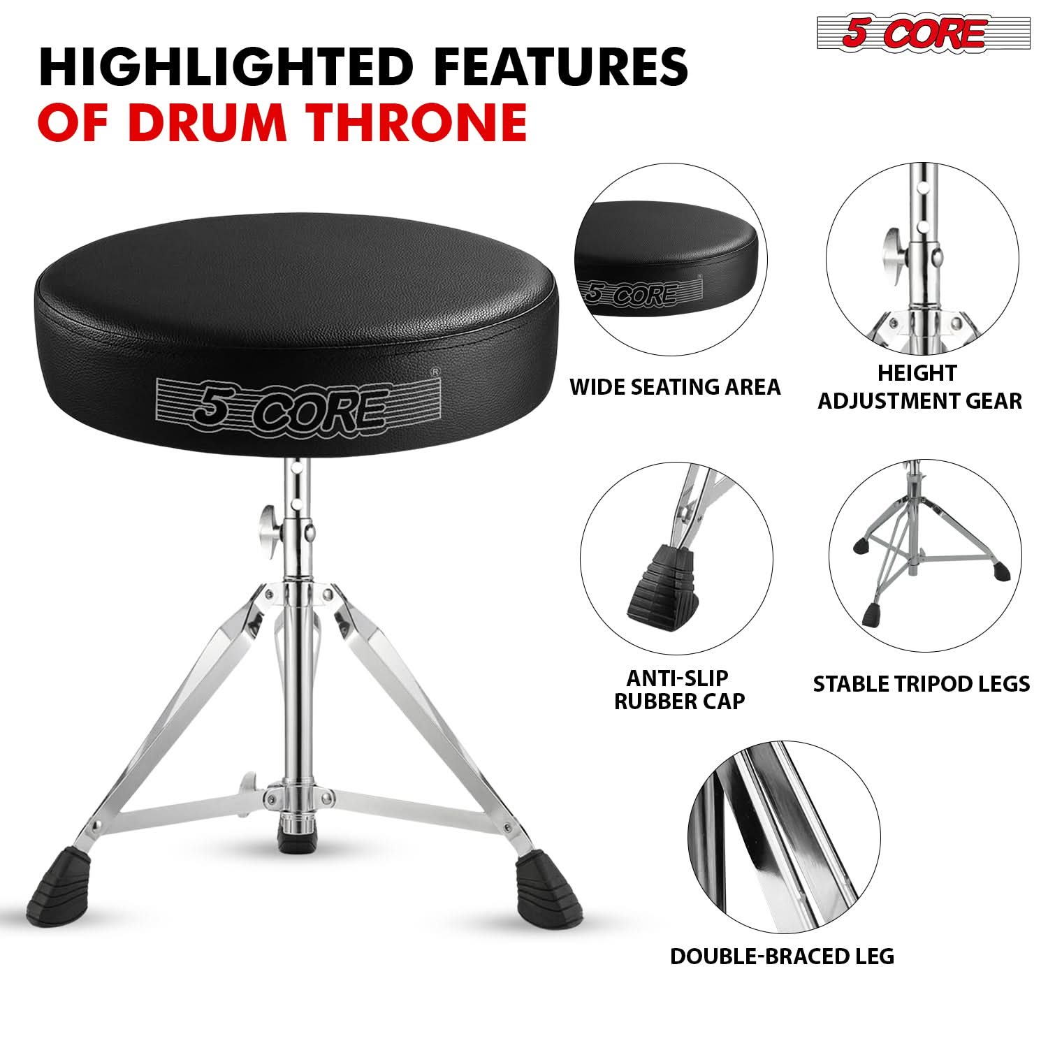 5Core Drum Throne Padded Adjustable Guitar Stool Drummer Seat for Adults & Kids BLACK-1