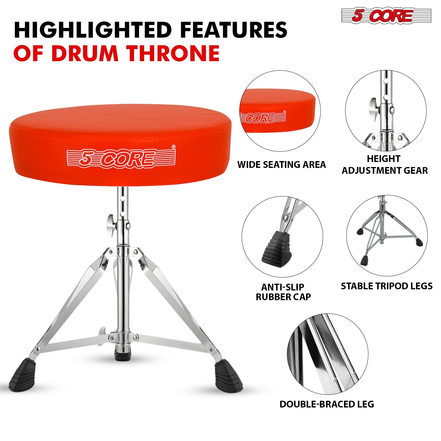 5Core Drum Throne Padded Adjustable Guitar Stool Drummer Seat for Adults & Kids ORANGE-1