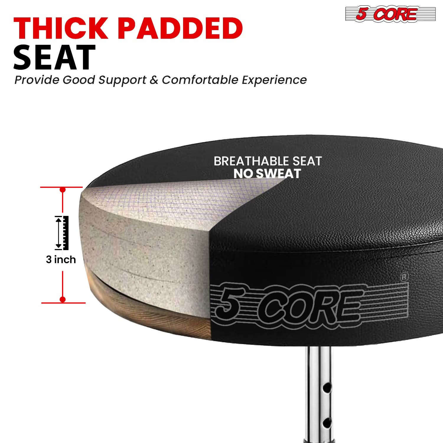 5Core Drum Throne Padded Adjustable Guitar Stool Drummer Seat for Adults & Kids BLACK-2