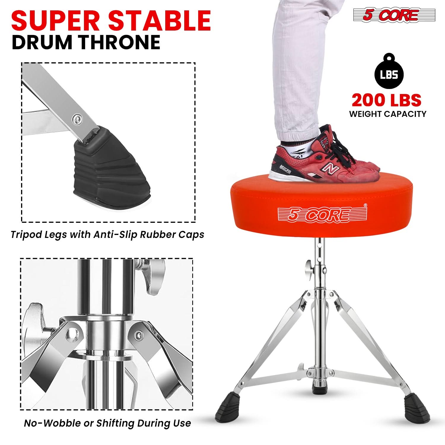 5Core Drum Throne Padded Adjustable Guitar Stool Drummer Seat for Adults & Kids ORANGE-3