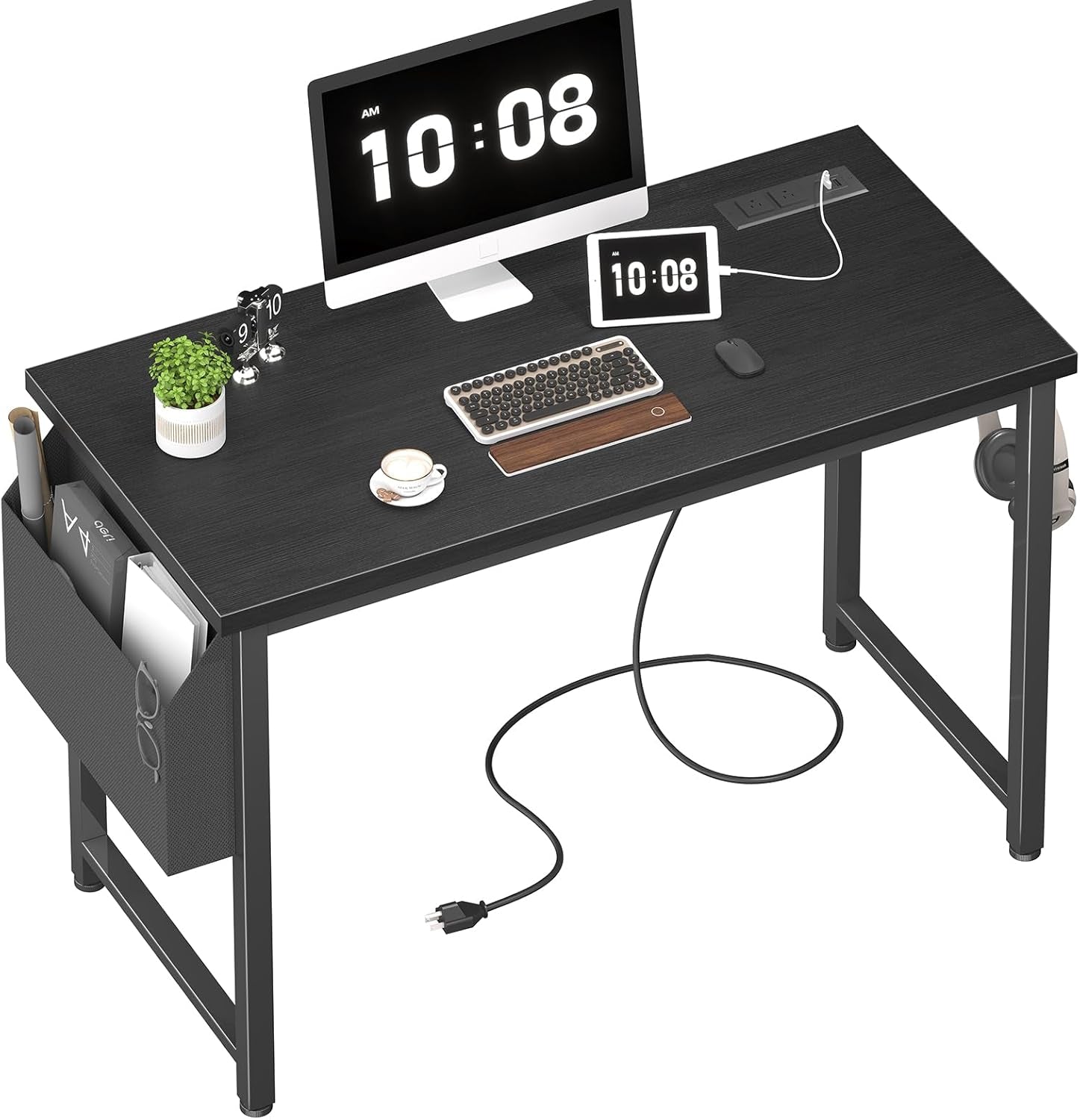 39 Inch Computer Desk with Power Outlet, 40 Inch Teen Study Table Home Office Work Writing Desks with Charging Station Outlets Built In, Black-0