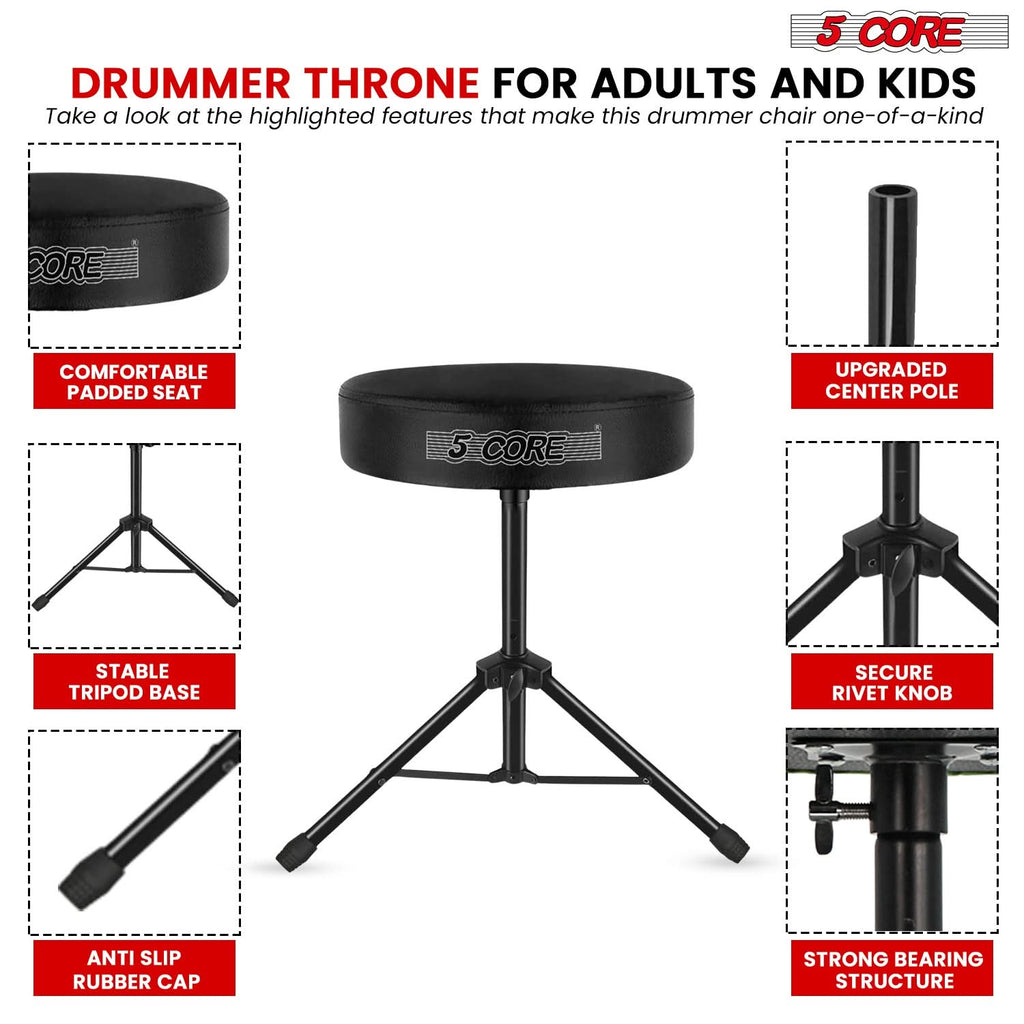 5 Core Drum Throne 3" Thick Padded Comfortable Guitar Stool Drummer Chair Adjustable Musician Seat-4