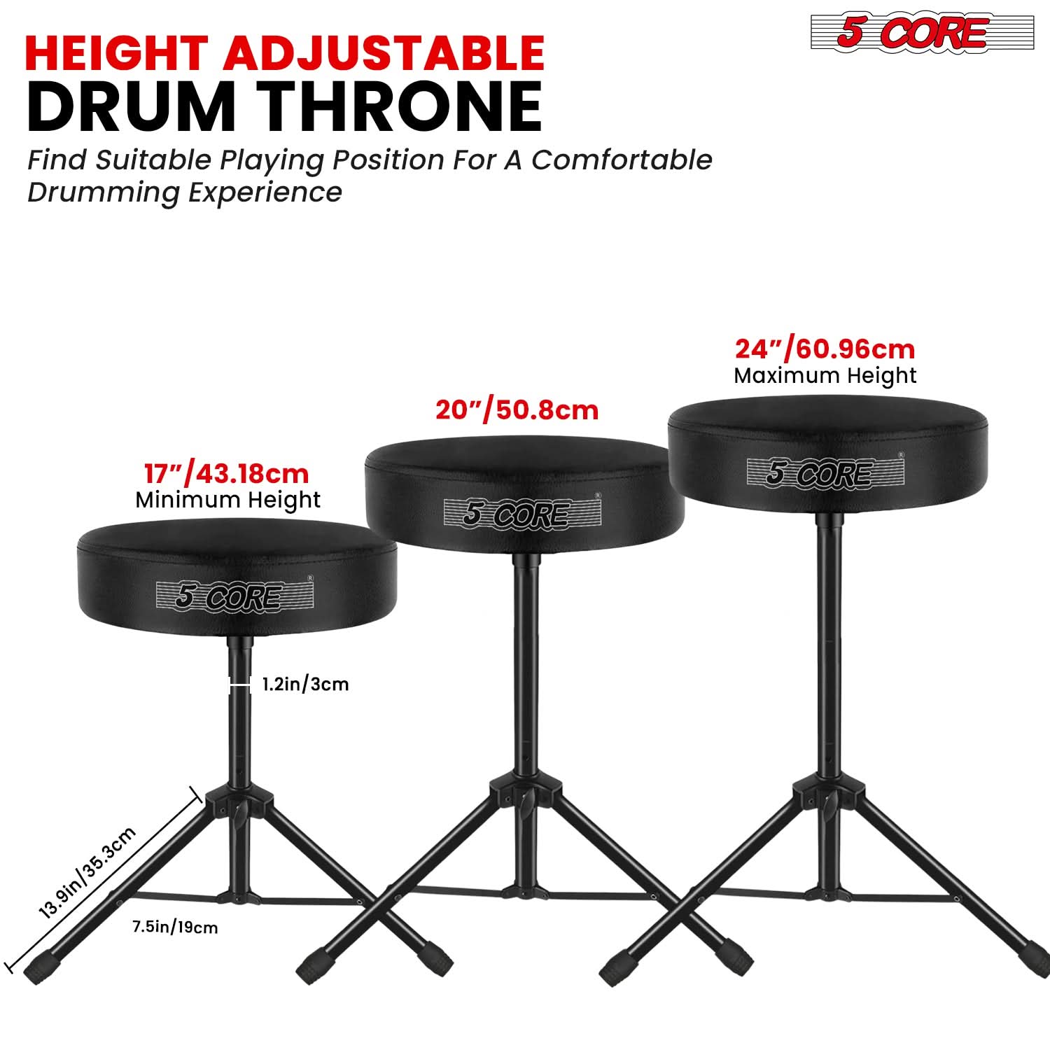 5 Core Drum Throne 3" Thick Padded Comfortable Guitar Stool Drummer Chair Adjustable Musician Seat-3