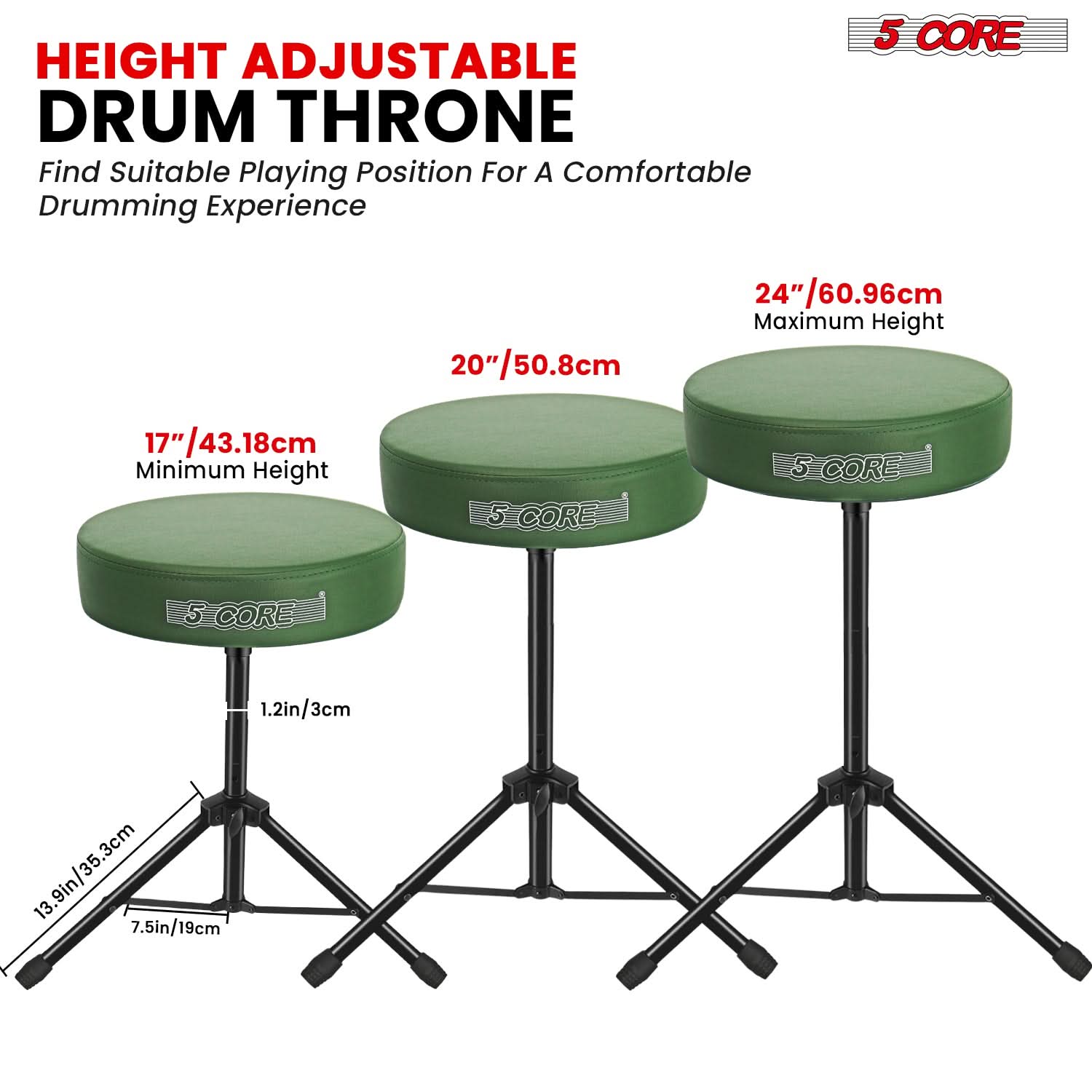 5 Core Drum Throne 3" Thick Padded Comfortable Guitar Stool Drummer Chair Adjustable Musician Seat-3
