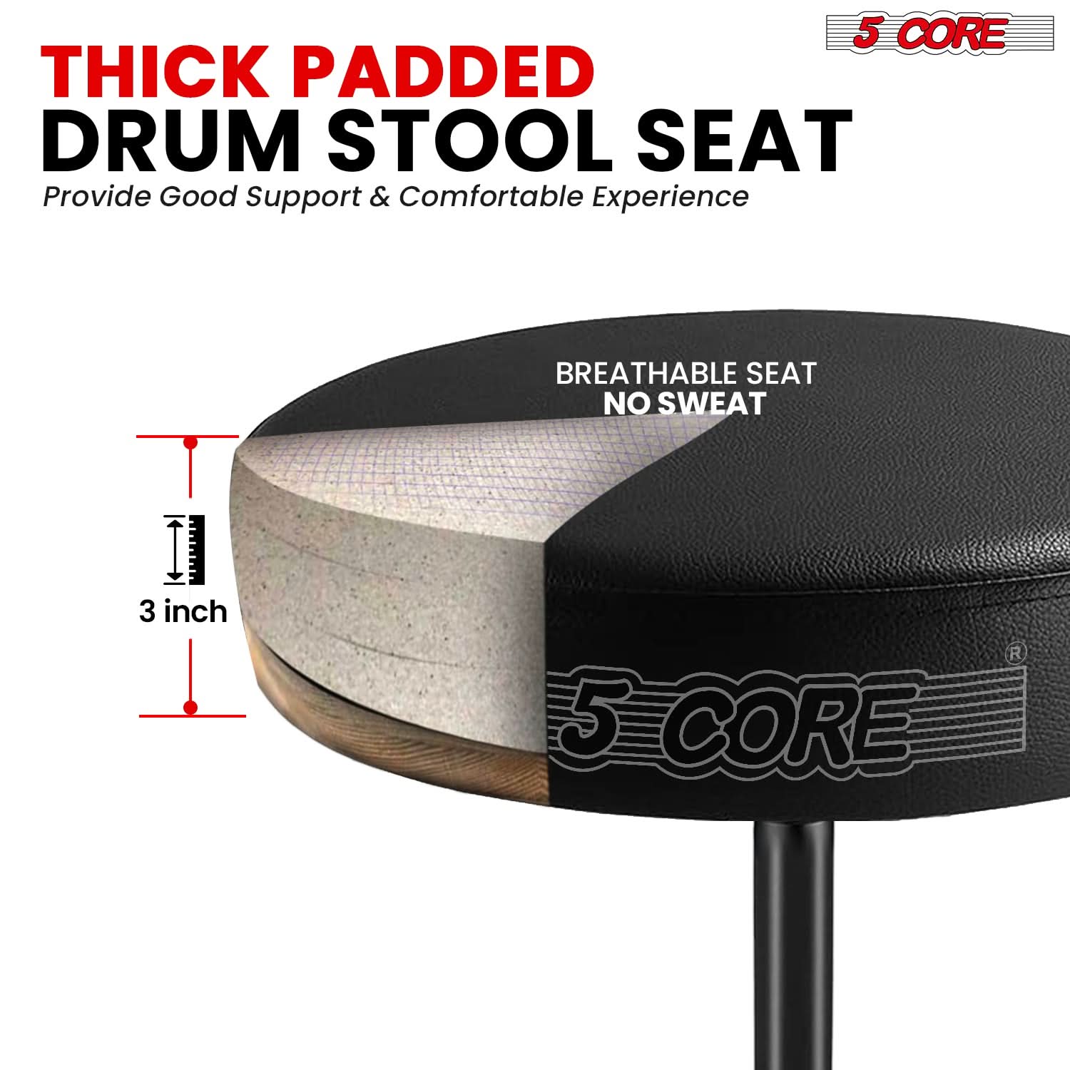 5 Core Drum Throne 3" Thick Padded Comfortable Guitar Stool Drummer Chair Adjustable Musician Seat-1