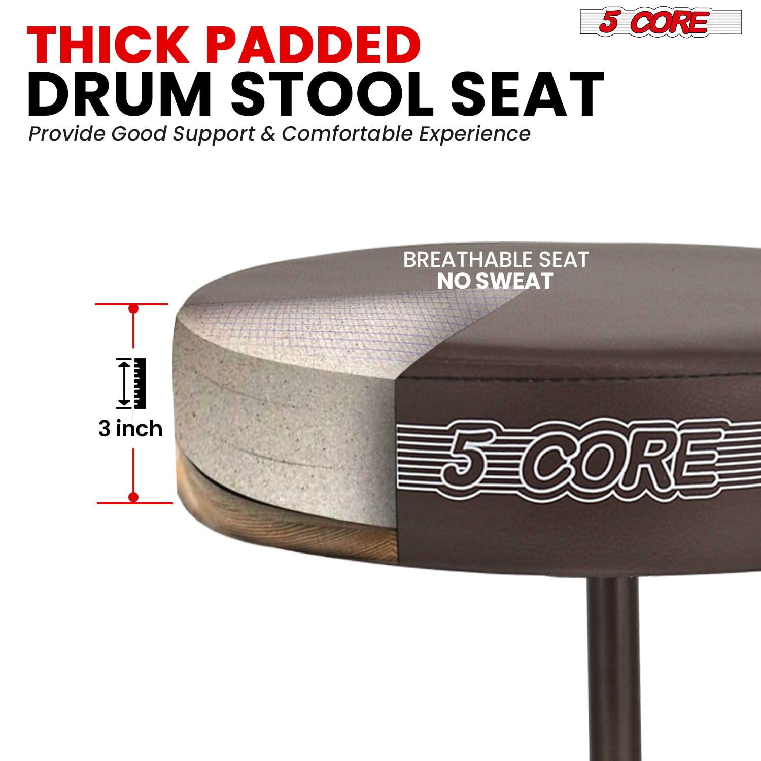5 Core Drum Throne 3" Thick Padded Comfortable Guitar Stool Drummer Chair Adjustable Musician Seat-1