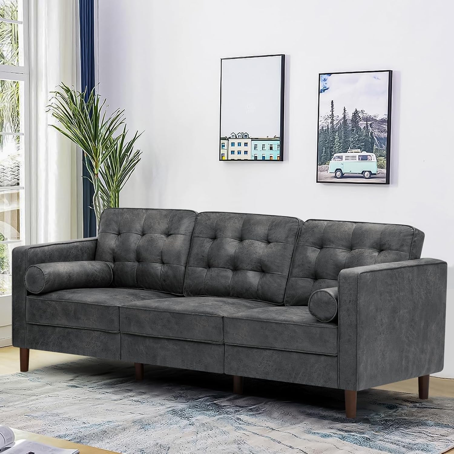 2 Pieces Faux Leather Sofa Set with Bolster Pillows,Tufted 3-Seat Sofa and Loveseat Couch with Wooden Legs, Upholstered Living Room Set for Living Room, Office, Grey-4