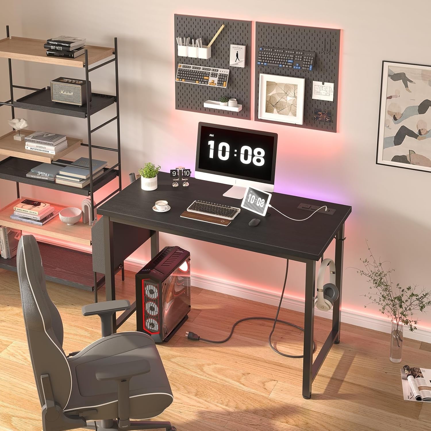 39 Inch Computer Desk with Power Outlet, 40 Inch Teen Study Table Home Office Work Writing Desks with Charging Station Outlets Built In, Black-1