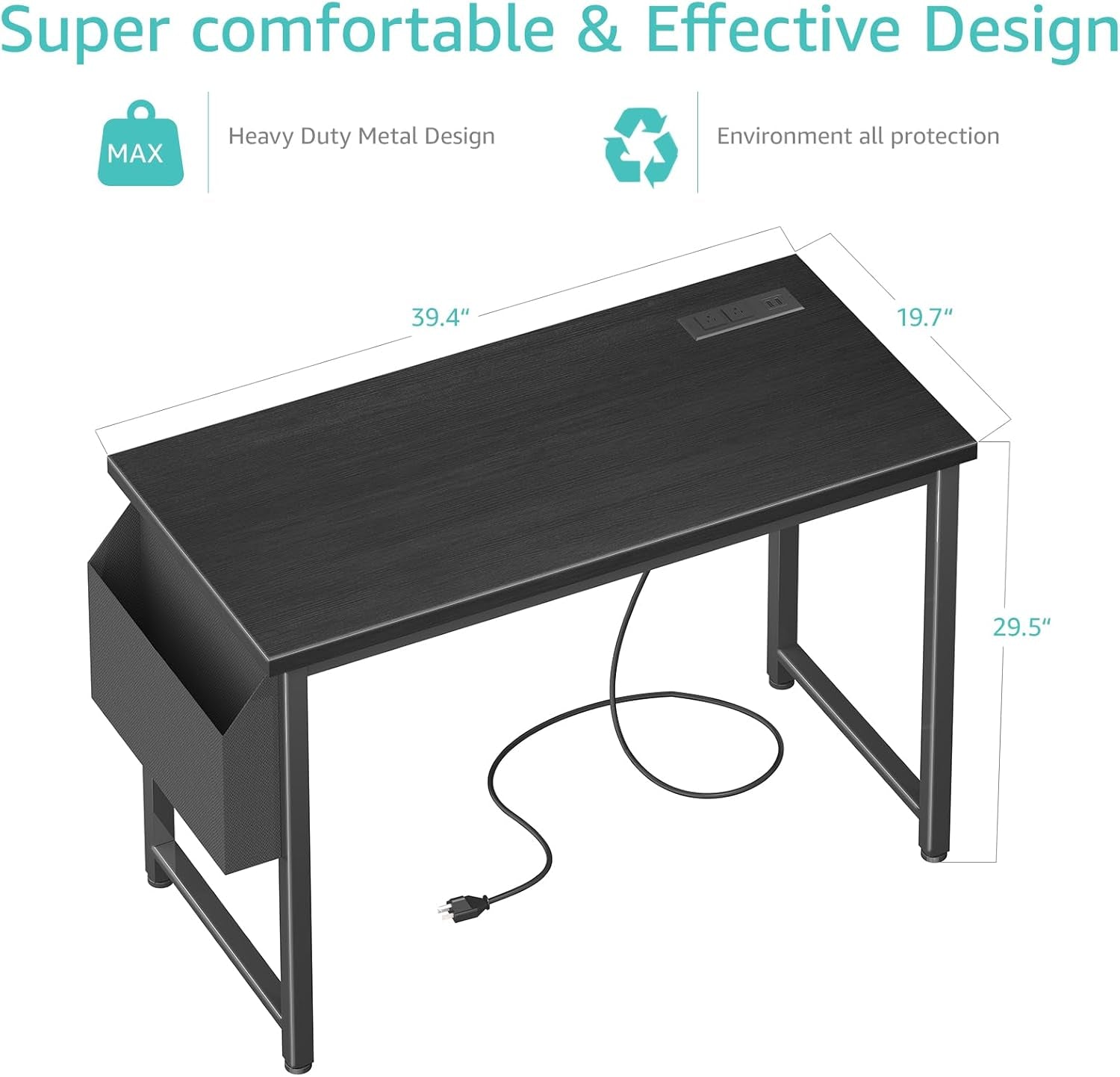 39 Inch Computer Desk with Power Outlet, 40 Inch Teen Study Table Home Office Work Writing Desks with Charging Station Outlets Built In, Black-2